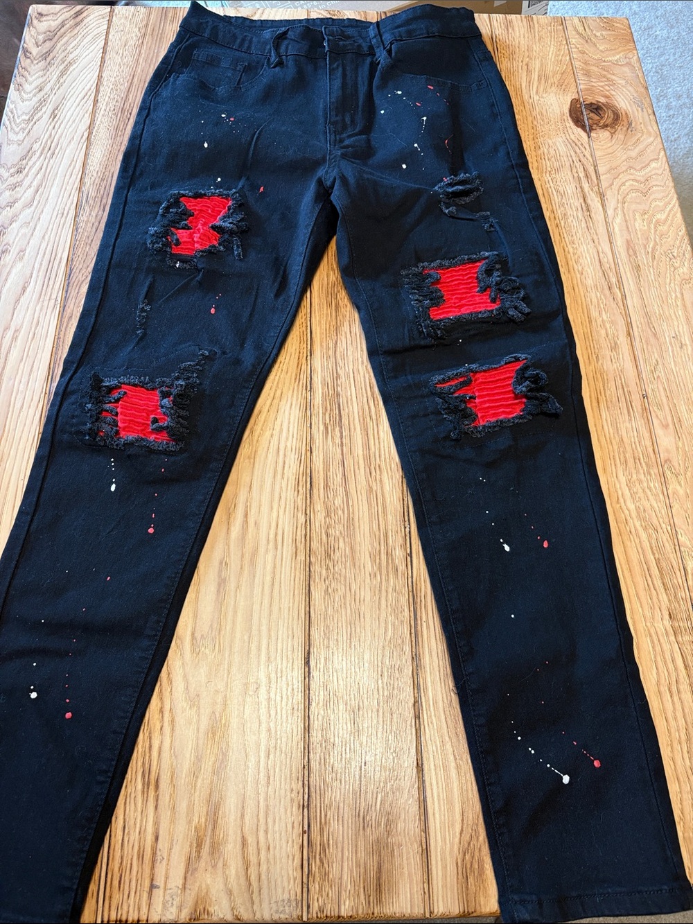 SHEIN Black Skinny Jeans with Red Patch & Paint Splatter Details